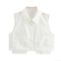 Women Minimalist Sleeveless Short Shirt Blouse 100% Polyester Lapel Collar Double Pockets Single Breasted Solid Color Summer Casual Office Top