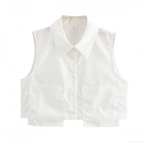 Women Minimalist Sleeveless Short Shirt Blouse 100% Polyester Lapel Collar Double Pockets Single Breasted Solid Color Summer Casual Office Top