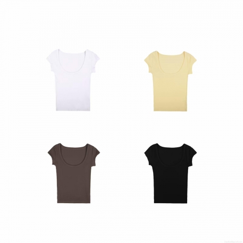 Women's Slim Fit Ribbed Knit U-Neck Short Sleeve T-Shirt Casual Solid Color Cotton Summer Top For Women