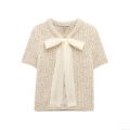 Women's Elegant Cream Knit Short Sleeve Top With Oversized Organza Bow Round Neck Polyester T-Shirt For Casual Dating Party Wear