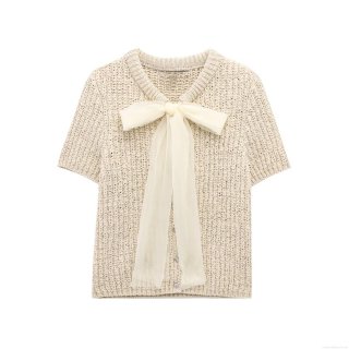 Women's Elegant Cream Knit Short Sleeve Top With Oversized Organza Bow Round Neck Polyester T-Shirt For Casual Dating Party Wear
