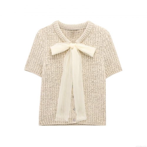 Women's Elegant Cream Knit Short Sleeve Top With Oversized Organza Bow Round Neck Polyester T-Shirt For Casual Dating Party Wear