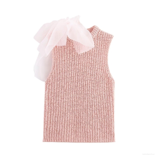 Women's Elegant Pink Knitted Sleeveless Top With Large White Organza Bow Sweet Solid Color Round Neck Summer Knit Tank Top For Party Dating