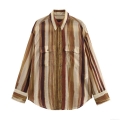 Women's Oversized Striped Blouse Long Sleeve Button Down Shirt With Lapel Collar Two Chest Pockets Casual Vintage Style Polyester Spandex Top For Daily Office