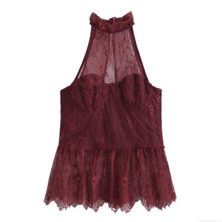 Women's Sexy Halter Neck Lace Top Wine Red Sleeveless Hollow Out Ruffle Hem Slim Fit Backless Party Camisole Tank Top For Summer Ladies Women's Sexy Halter Neck Lace Top Wine Red Sleeveless Hollow Out Ruffle Hem Slim Fit Backless Party Camisole Tank Top For Summer Ladies