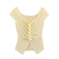 Women Sweet Ruched Knit T-Shirt Slim Fit U-Neck Button Decor Ribbed Short Sleeve Top Elegant Daily Casual Polyester Spandex Soft Breathable Tee