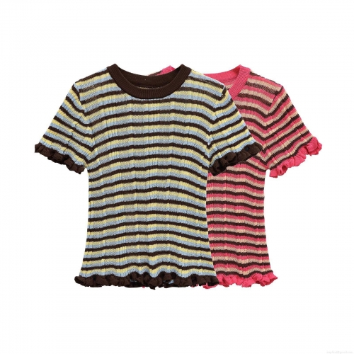 Women's Mercerized Cotton Knitted Striped T-Shirt Round Neck Ruffle Hem Slim Fit Short Sleeve Summer Casual Top