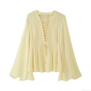 Women's Summer Elegant Chiffon Blouse V-Neck Long Flare Sleeve Front Tie-Up Top Solid Color Light Yellow Vacation Commuting Casual Shirt