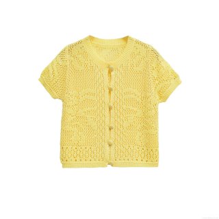 Women's Fashion Yellow Hollow Out Knitted Cardigan Round Neck Short Sleeve Crochet Top Polyester Spandex Sweet Knitwear For Summer Daily Dating