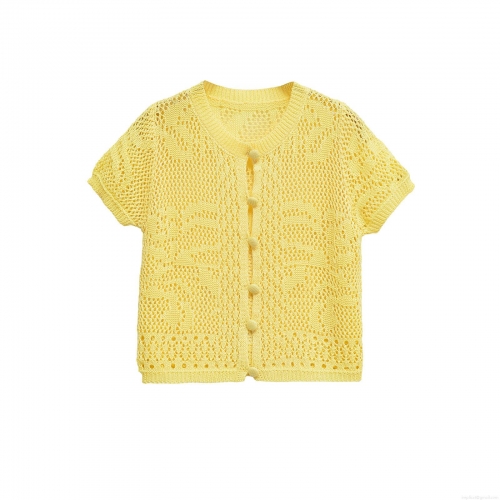 Women's Fashion Yellow Hollow Out Knitted Cardigan Round Neck Short Sleeve Crochet Top Polyester Spandex Sweet Knitwear For Summer Daily Dating