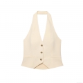 Women Sexy Halter Neck Vest Top 100% Polyester Slim Fit Button Down Sleeveless Waistcoat For Summer Daily Party Chic Beige Commuting Vest