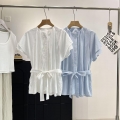 Women Summer Pleated Short Sleeve Blouse Elegant Round Neck Tie Waist Shirt Top Casual Slim Fit Textured Solid Color Chiffon Style Blouse For Women