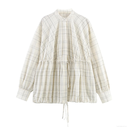 Women's Fashion Plaid Long Sleeve Drawstring Blouse Casual Turn-down Collar Button Up Shirt Jacket Polyester Spandex Loose Fit Tops