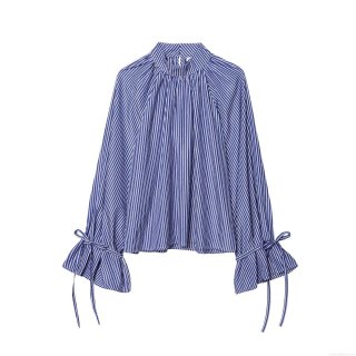 Fashion Striped Shirt Women Stand Collar Flare Sleeve Tie Cuff Pullover Cotton Blend Blouse Casual Office Commuter Loose Long Sleeve Top