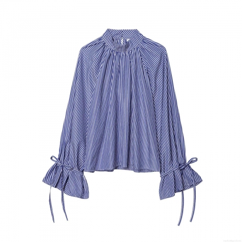 Fashion Striped Shirt Women Stand Collar Flare Sleeve Tie Cuff Pullover Cotton Blend Blouse Casual Office Commuter Loose Long Sleeve Top