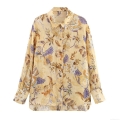 Women's Floral Print Linen Blend Long Sleeve Shirt Summer Loose Fit Polo Neck Button Down Blouse Casual Vacation Commute Elegant Tops
