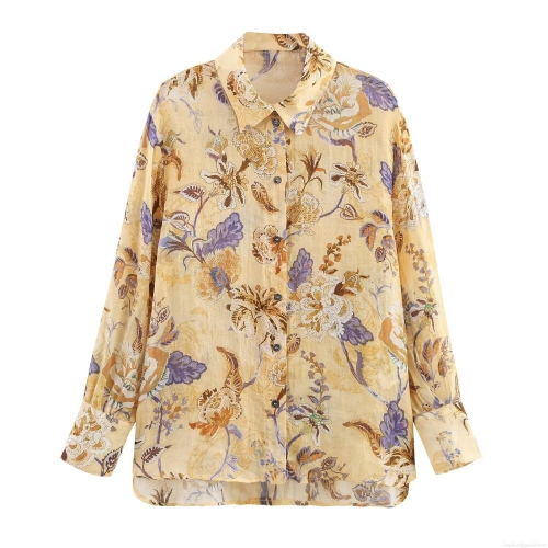 Women's Floral Print Linen Blend Long Sleeve Shirt Summer Loose Fit Polo Neck Button Down Blouse Casual Vacation Commute Elegant Tops
