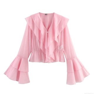 Elegant Women Pink Polyester Ruffle Blouse With V-Neck And Layered Bell Sleeves Chic Sweet Solid Color Cinched Waist Long Sleeve Top For Party Daily Fashion