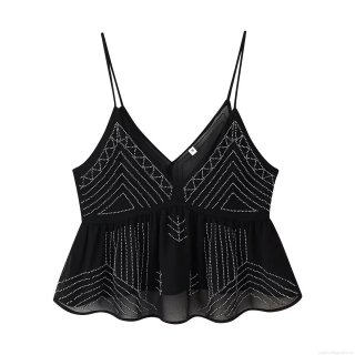 Sexy Beaded Sequin V-Neck Backless Camisole Top For Women Elegant Chiffon Sleeveless Tank Top With Ruffle Hem Summer Party Clubwear