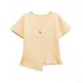 Women Knit Cardigan Polyester Spandex Elegant V Neck Single Button Asymmetric Hem Top Minimalist Summer Short Sleeve Knitwear For Lady Casual Dating