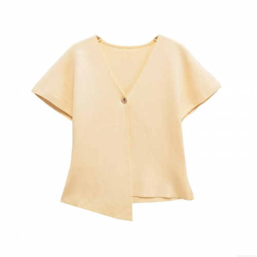Women Knit Cardigan Polyester Spandex Elegant V Neck Single Button Asymmetric Hem Top Minimalist Summer Short Sleeve Knitwear For Lady Casual Dating