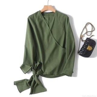 Women's Elegant V Neck Wrap Shirt Long Sleeve Cotton Linen Blend Blouse With Side Bow Tie Loose Casual Summer Top For Women Office Commuter