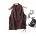 Women's Sleeveless Halterneck Wrap Top 70% Ramie And 30% Cotton V-Neck Side-Tie Solid Color Elegant Summer Blouse For Women Date Vacation