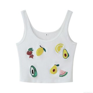 Women's Sexy White Sequin Fruit Embroidery Crop Top Y2K Sleeveless Knit Tank Top U-Neck Vest For Summer Casual Vacation Party Women's Sexy White Sequin Fruit Embroidery Crop Top Y2K Sleeveless Knit Tank Top U-Neck Vest For Summer Casual Vacation Party