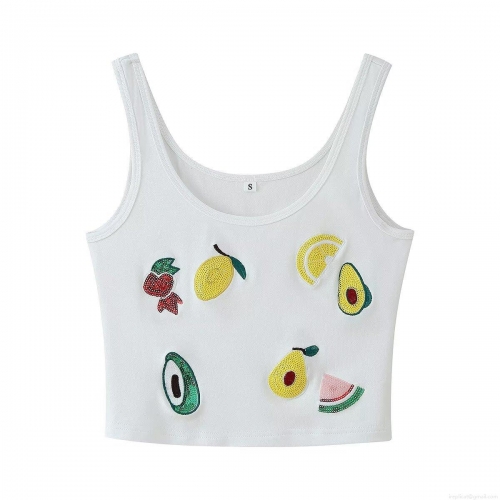 Women's Sexy White Sequin Fruit Embroidery Crop Top Y2K Sleeveless Knit Tank Top U-Neck Vest For Summer Casual Vacation Party