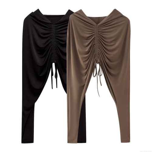 Women's Sexy Ruched Hooded Crop Top Sexy Drawstring Backless Long Sleeve T-Shirt 100% Polyester Solid Color Slim Fit Fashion Streetwear Top