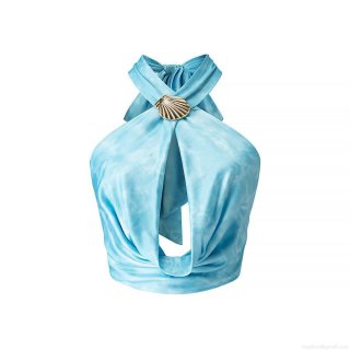 Women's Sexy Halter Top Blue Tie-dye Backless Satin Cami With Gold Metal Shell Buckle Summer Vacation Beach Party Cut-out Glossy Sleeveless Top Women's Sexy Halter Top Blue Tie-dye Backless Satin Cami With Gold Metal Shell Buckle Summer Vacation Beach Party Cut-out Glossy Sleeveless Top