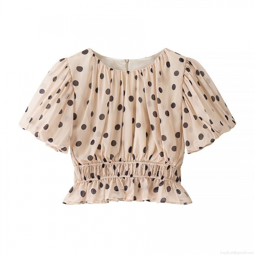 Women Polka Dot Puff Sleeve Chiffon T-Shirt Elegant Ruffle Hem Slim Fit Cinched Waist Pullover Top For Summer Dating Casual Sweet Style Beige Women Polka Dot Puff Sleeve Chiffon T-Shirt Elegant Ruffle Hem Slim Fit Cinched Waist Pullover Top For Summer Dating Casual Sweet Style Beige