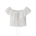 Women Sweet Off The Shoulder Eyelet Embroidery Ruffle Top Cotton Blend Lace-Up Slim Fit Short Sleeve Summer French Cottagecore Crop Blouse
