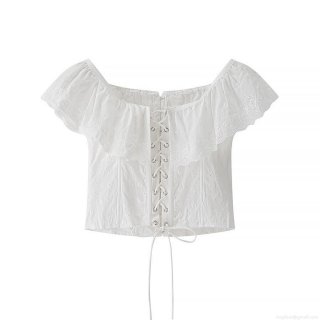 Women Sweet Off The Shoulder Eyelet Embroidery Ruffle Top Cotton Blend Lace-Up Slim Fit Short Sleeve Summer French Cottagecore Crop Blouse