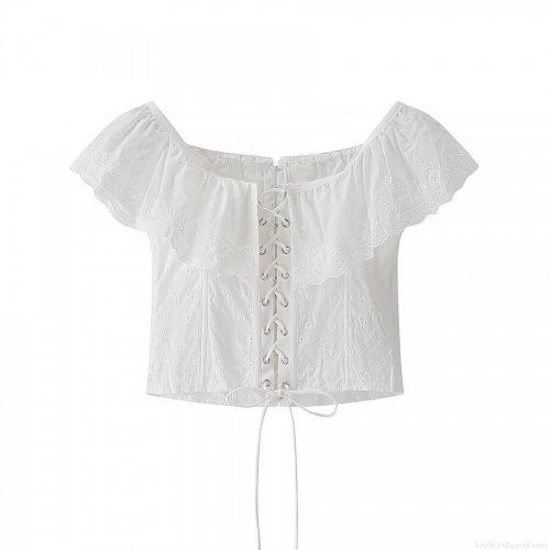 Women Sweet Off The Shoulder Eyelet Embroidery Ruffle Top Cotton Blend Lace-Up Slim Fit Short Sleeve Summer French Cottagecore Crop Blouse