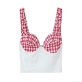 Women's Sexy Plaid Patchwork Camisole Top Slim Fit V-Neck Ruffle Shoulder Straps Corset Style Short Crop Top Summer Sleeveless Shirt For Daily Dating Women
