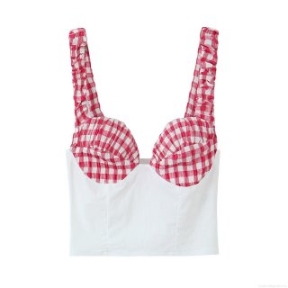 Women's Sexy Plaid Patchwork Camisole Top Slim Fit V-Neck Ruffle Shoulder Straps Corset Style Short Crop Top Summer Sleeveless Shirt For Daily Dating Women Women's Sexy Plaid Patchwork Camisole Top Slim Fit V-Neck Ruffle Shoulder Straps Corset Style Short Crop Top Summer Sleeveless Shirt For Daily Dating Women