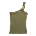 Women's Sexy One-Shoulder Knit Tank Top Asymmetric Ribbed Camisole With Gold Metal Rings Summer Fashion Slim Fit Sleeveless Crop Top