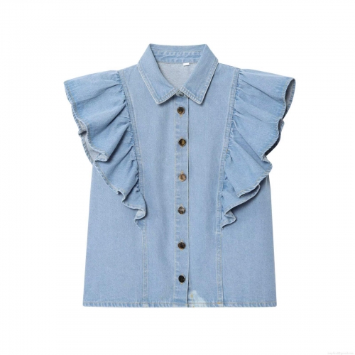 Women's Sleeveless Denim Shirt With Ruffle Trim Lapel Collar Button Up Light Blue Summer Casual Sweet Blouse Cotton Denim Top For Women
