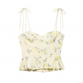 Women Sexy Floral Bustier Top Peplum Hem Bow Tie Straps Spandex Blend Summer Sleeveless Slim Fit Backless Party Camisole Top