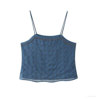 Women's Sexy Backless Beaded Cami Top Summer Fashion Dark Blue Spaghetti Strap Chiffon Tank Top For Dating Party Clubwear