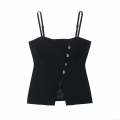 Women's Sexy Black Slim Fit Camisole Tank Top 100% Polyester Asymmetric Silver Button Decor Adjustable Thin Straps Summer Casual Tops for Women