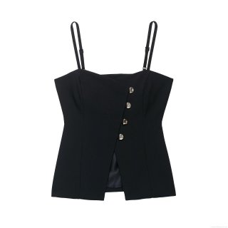 Women's Sexy Black Slim Fit Camisole Tank Top 100% Polyester Asymmetric Silver Button Decor Adjustable Thin Straps Summer Casual Tops for Women