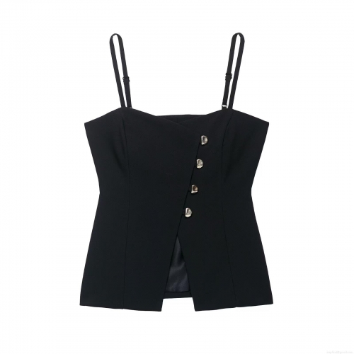 Women's Sexy Black Slim Fit Camisole Tank Top 100% Polyester Asymmetric Silver Button Decor Adjustable Thin Straps Summer Casual Tops for Women