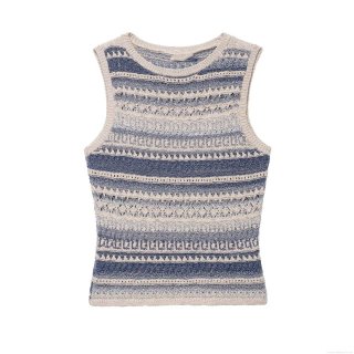 Women's Striped Knit Vest 100% Polyester Sleeveless Round Neck Slim Fit Top Casual Summer Wavy Texture Hollow Out Tank Top For Women