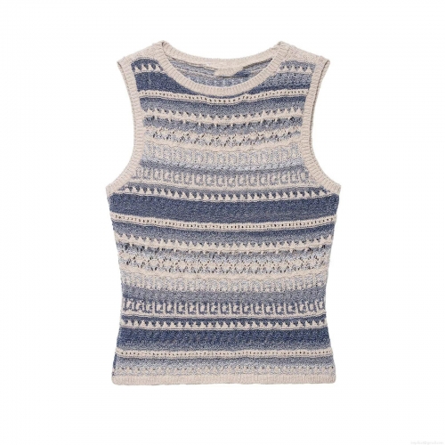 Women's Striped Knit Vest 100% Polyester Sleeveless Round Neck Slim Fit Top Casual Summer Wavy Texture Hollow Out Tank Top For Women