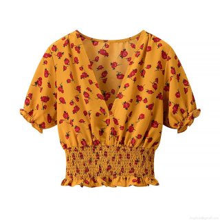 Women's Sweet Floral V-Neck Cropped Shirt Polyester Spandex Puff Sleeve Elastic Smocked Waist Rose Print Blouse Top For Summer Daily French Style