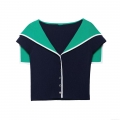 Women's Preppy Style Sailor Collar Knit Cardigan Contrast Color Short Sleeve V-Neck Button Up Knitted Crop Top Slim Fit Sweater For Daily Wear