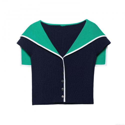 Women's Preppy Style Sailor Collar Knit Cardigan Contrast Color Short Sleeve V-Neck Button Up Knitted Crop Top Slim Fit Sweater For Daily Wear