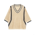 Women's Knitted Hollow Out T-Shirt V-Neck Contrast Stripe Breathable Casual Loose Top Summer Short Sleeve Knitwear Pullover